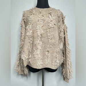 Taupe Fringe Balloon Sleeve Pullover Knit Sweater NWT